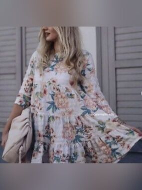 Zara Cream Dress with Pink Blossoms and Teal Leaves
